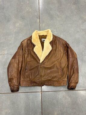 Pelle Pelle Brown Leather Bomber with Cream Shearling Collar